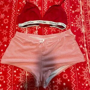 Calvin Klein Red Bralette and Checkered Shorts Set